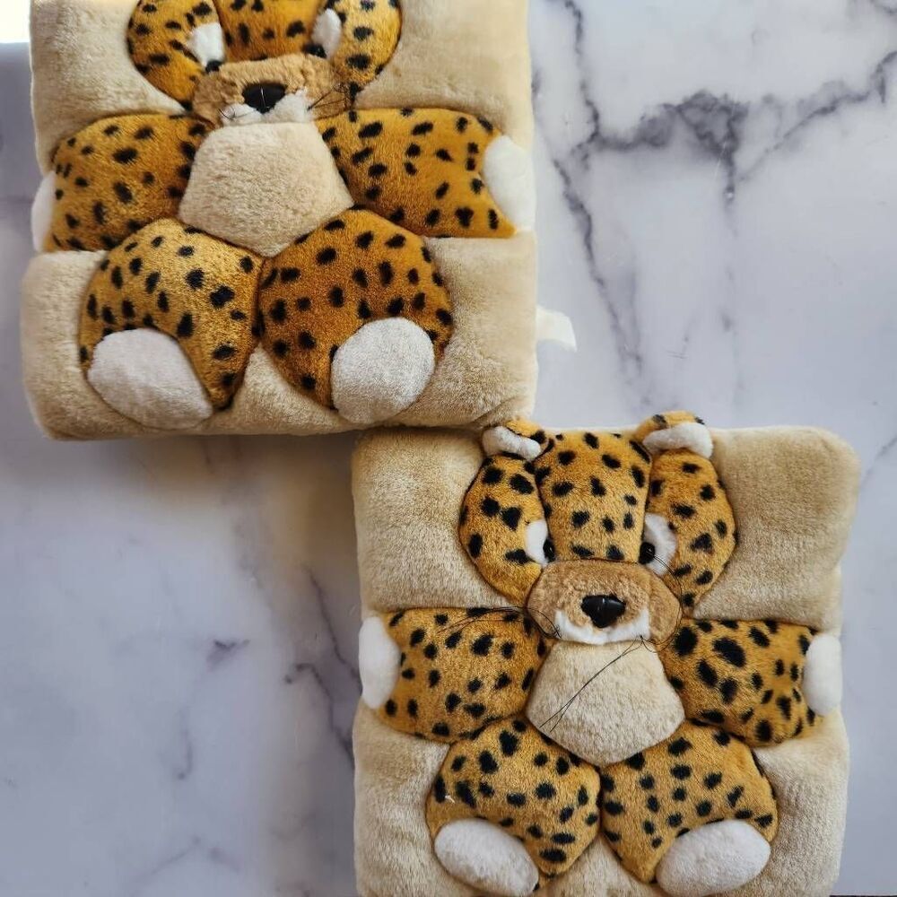 Vintage pair of t.w.i.e cheetah cub pillows 1998 Angel Toy Corp. 3D leopard anim